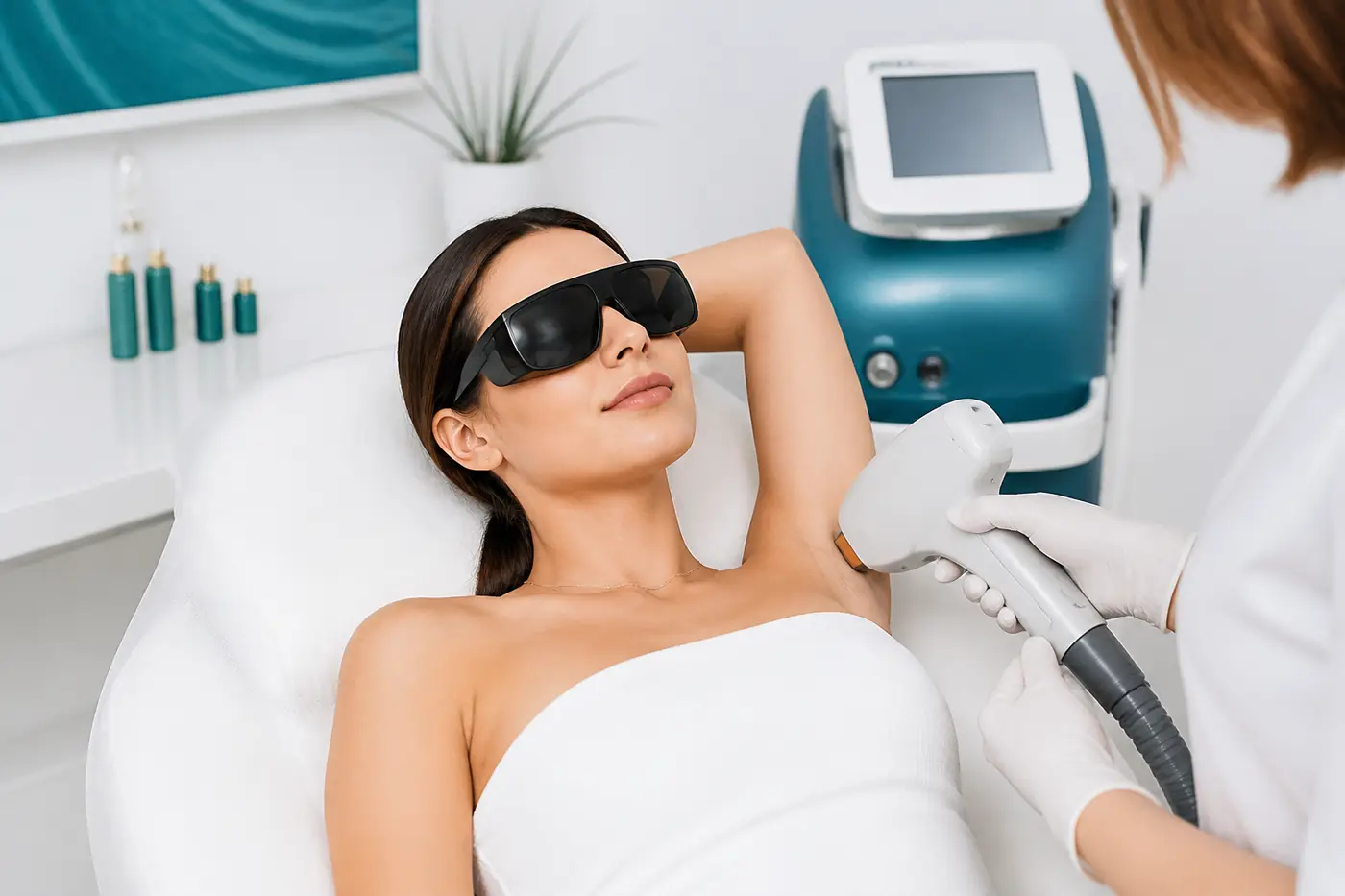 Clinic laser device prepared for a hair reduction session on untanned skin