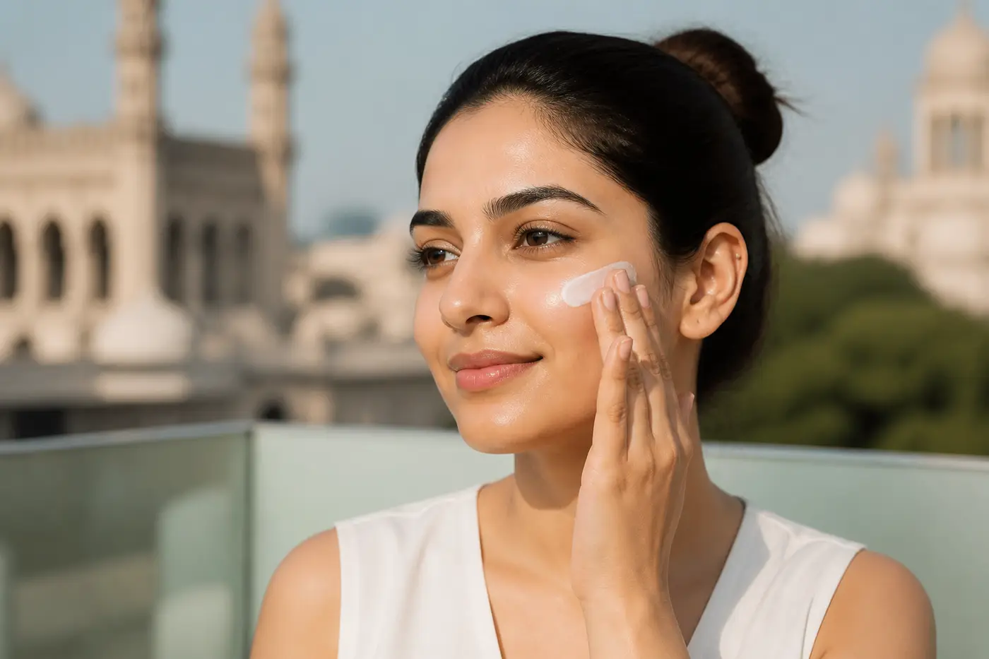 Person applying sunscreen outdoors in bright Hyderabad summer sunlight